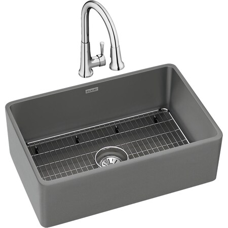 30X19-15/16X9-1/8, Sgl Bowl Farmhouse Sink Kit W/ Faucet, Gray